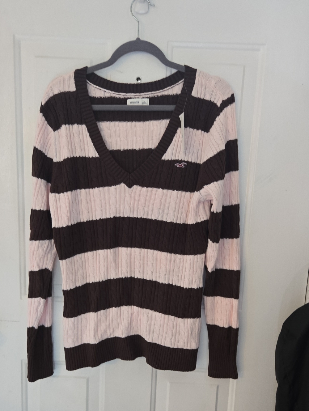 Hollister Pink and Brown Striped V-Neck Cable Knit Sweater